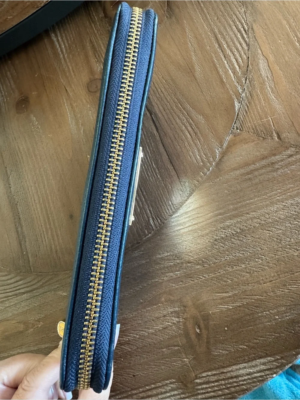 Michael Kors Deep Blue Pebbled Leather Zip Around Wallet with Gold Plate